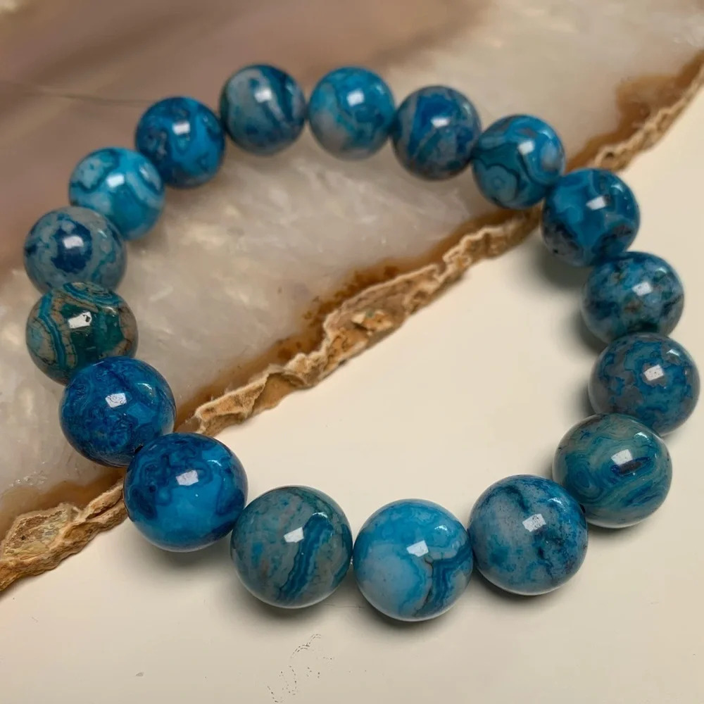 12mm Larimar-Dyed Crazy Lace Agate Stretch Beaded Bracelet